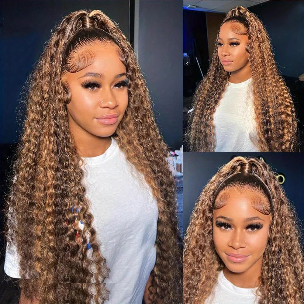 4/27 Highlight Honey Brown Water Wave HD Lace Wig | Sophisticated 13x4 Transparent Frontal | Elegant "Brazilian Remy" 26+ Inch Silhouette | "Dignified" Ombre Deep Curly Human Hair for Radiant Versatile Styling Luxegan