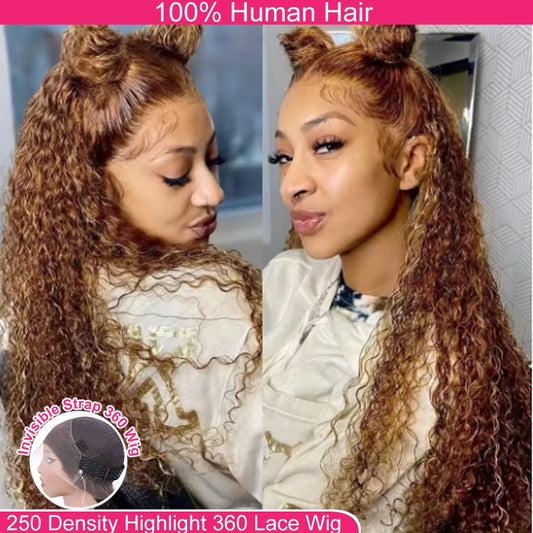 Highlight HD Invisi-Strap 360 Full Lace Wig | Sophisticated "Honey Blonde" Deep Curly Silhouette | Elegant 250% Density HD Lace Frontal | "Dignified" Brazilian Human Hair Highlight Wig for Radiant Versatile Styling Luxegan