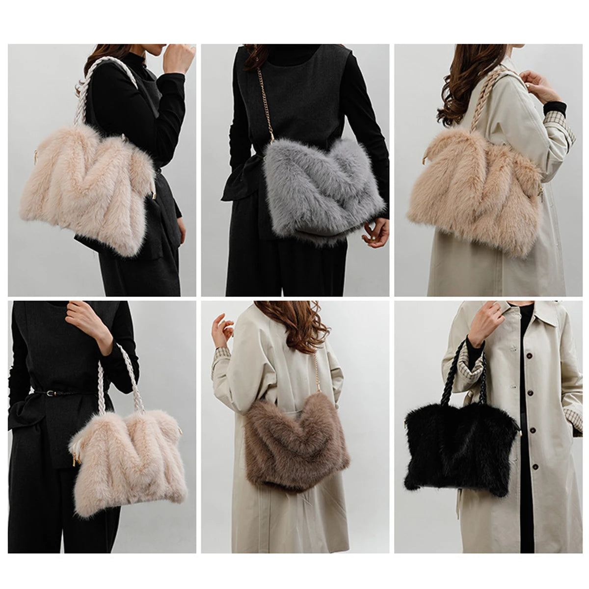 Plush Large Capacity Tote Bag | Pleated Fox Fur Shoulder & Crossbody Bag Luxegan