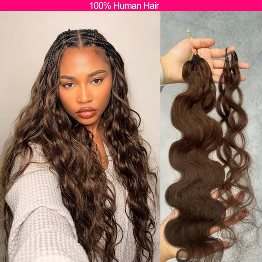 Chocolate Brown Body Wave Miracle Knots Crochet Human Hair – Feather Knotless Boho Braids | 10–24in | 100% Raw