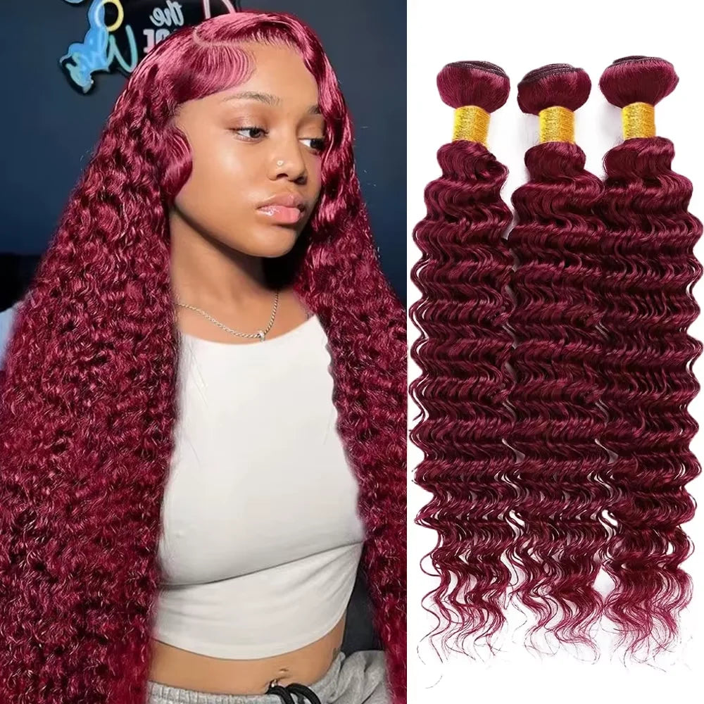 #99J Deep Wave Brazilian Virgin Human Hair Bundles | Burgundy Remy Hair Weave | 16–30 Inch