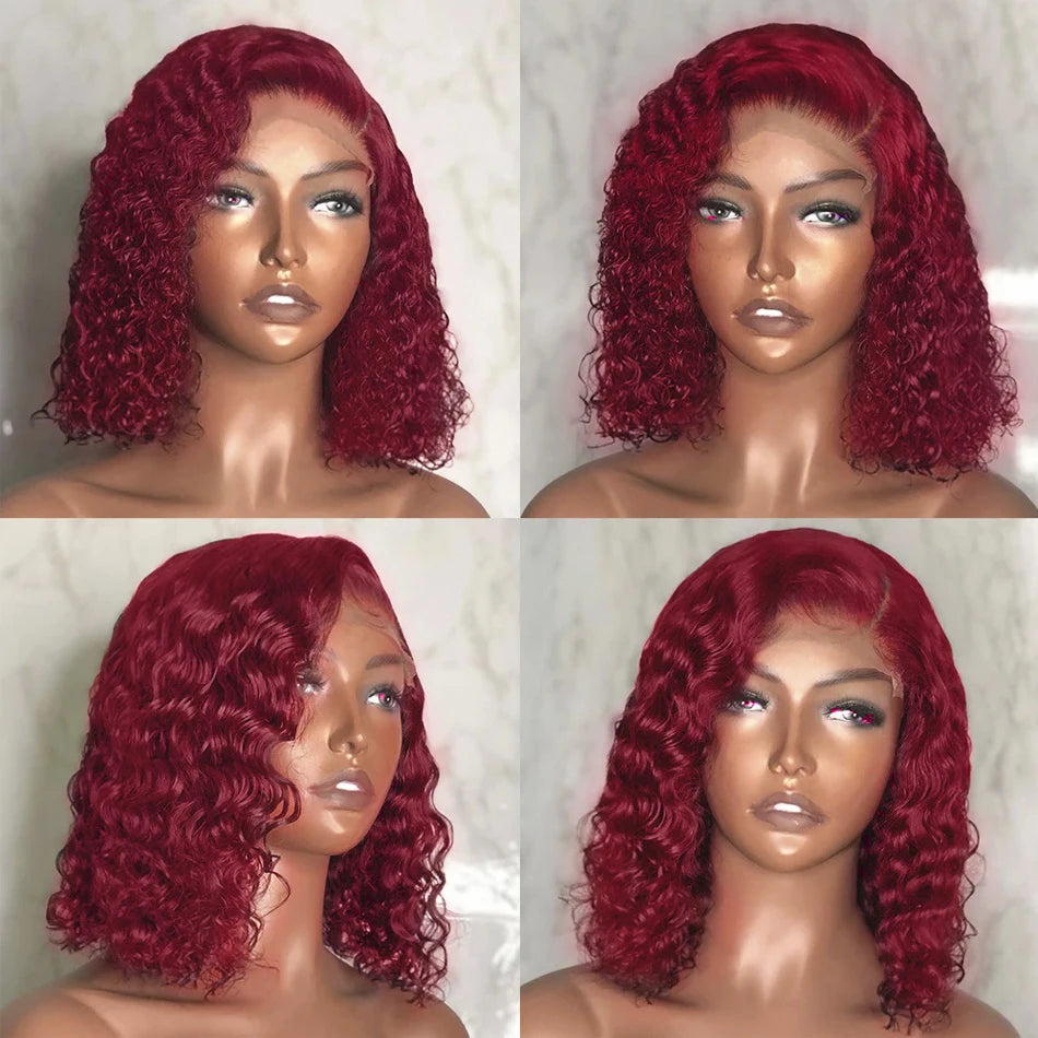 Burgundy 99J Deep Wave Short Bob Wig - 13x4 Transparent Lace Frontal Human Hair Wig - 200% Density Red Colored Water Wave Remy Human Hair Wig for Women (4-16 Inch) Luxegan