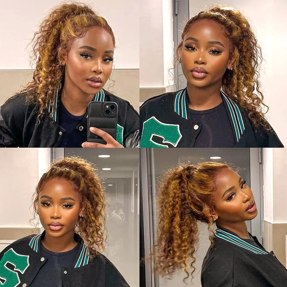 Honey Blonde Highlight Deep Wave 360 Full HD Lace Wig | Ultra-Thick 250% Density Invisible Strap Glueless Frontal Wig | 100% Brazilian Remy Human Hair Wig with Baby Hair (18-30 Inch) Luxegan