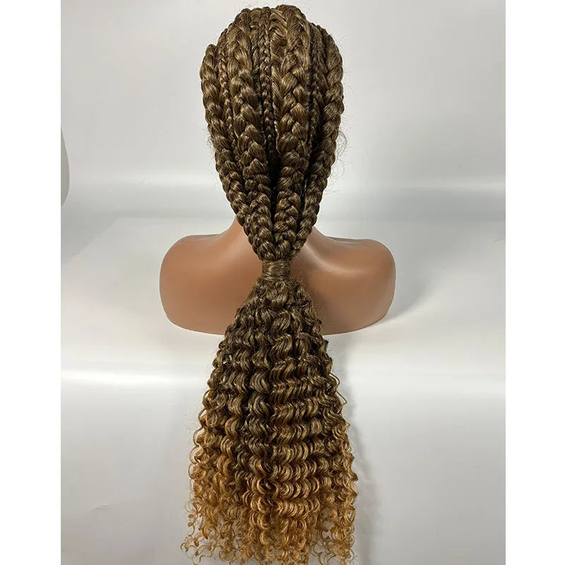  28" Burgundy Knotless Braids Wig with Curly Ends | Lace Front | Baby Hair Luxegan