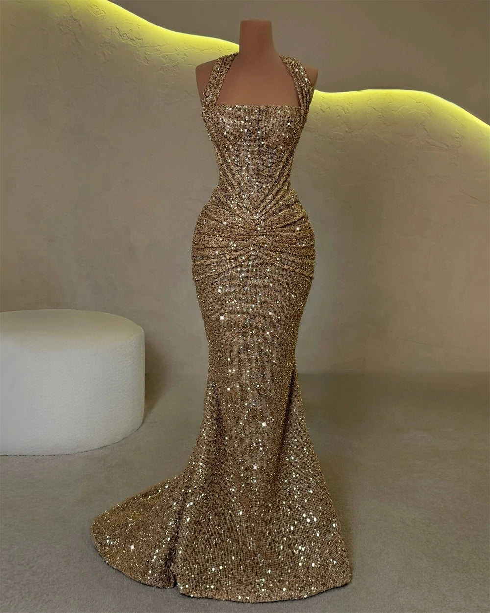 Sansa Customized Champagne Mermaid Halter Neck Shiny Sequins Prom Dress Sleeveless Vestidos De Noche Floor-Length Formal Evening