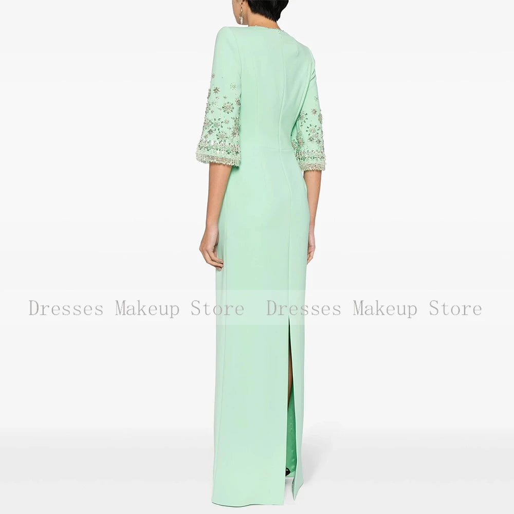 Beaded O-Neck Half Sleeve Straight Floor-Length Formal Evening Dress – Polyester Jersey, Built-In Bra, Natural Waist Luxegan