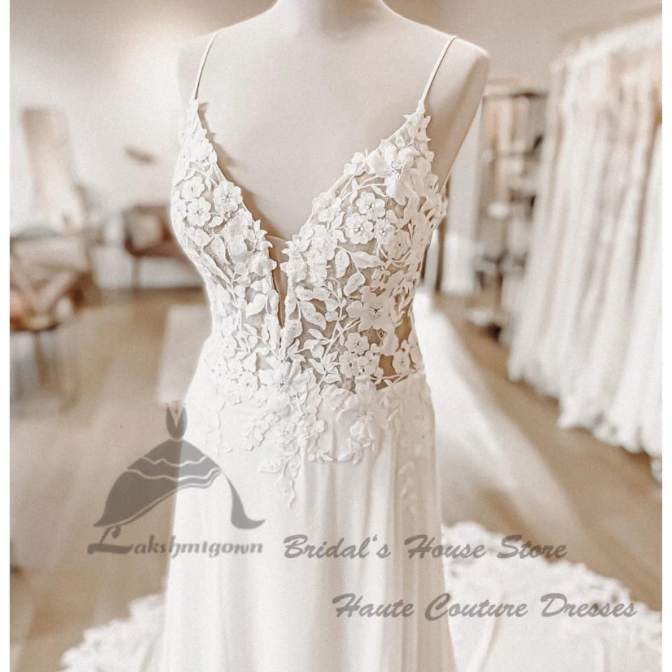 Sexy Chiffon Boho Beach Wedding Dress | Backless V-Neck Bridal Gown | Spaghetti Strap Floor-Length A-Line Dress with Lace Appliques Luxegan