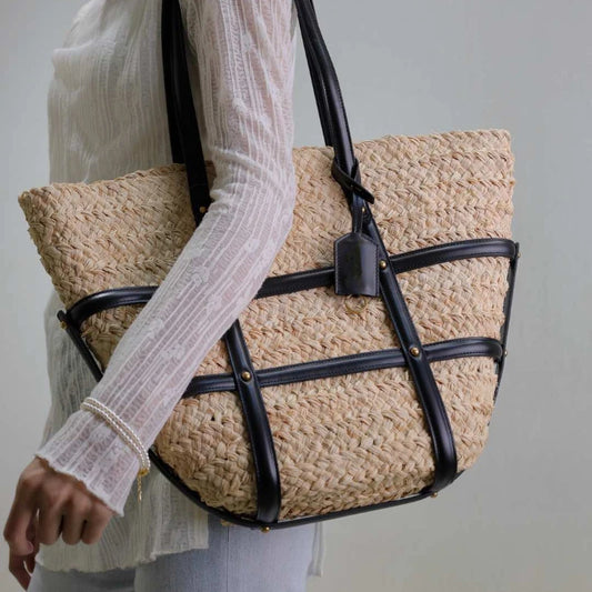Luxury Ladies’ Straw Beach Bag | Designer Summer Crochet Handbag | Bohemian PU Patchwork Shoulder Bag | Large Capacity Genuine Leather Weave Tote for Business & Leisure Luxegan