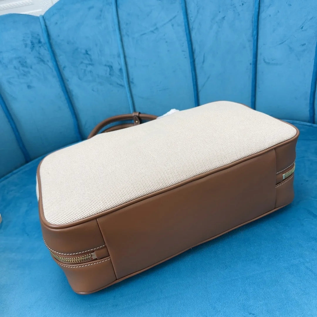 High-Quality Canvas & Genuine Leather Briefcase | Women’s New Contrast Portable Bowling Handbag | Large Capacity Rectangular Saddle Tote | Sophisticated Professional Commuting Satchel Luxegan