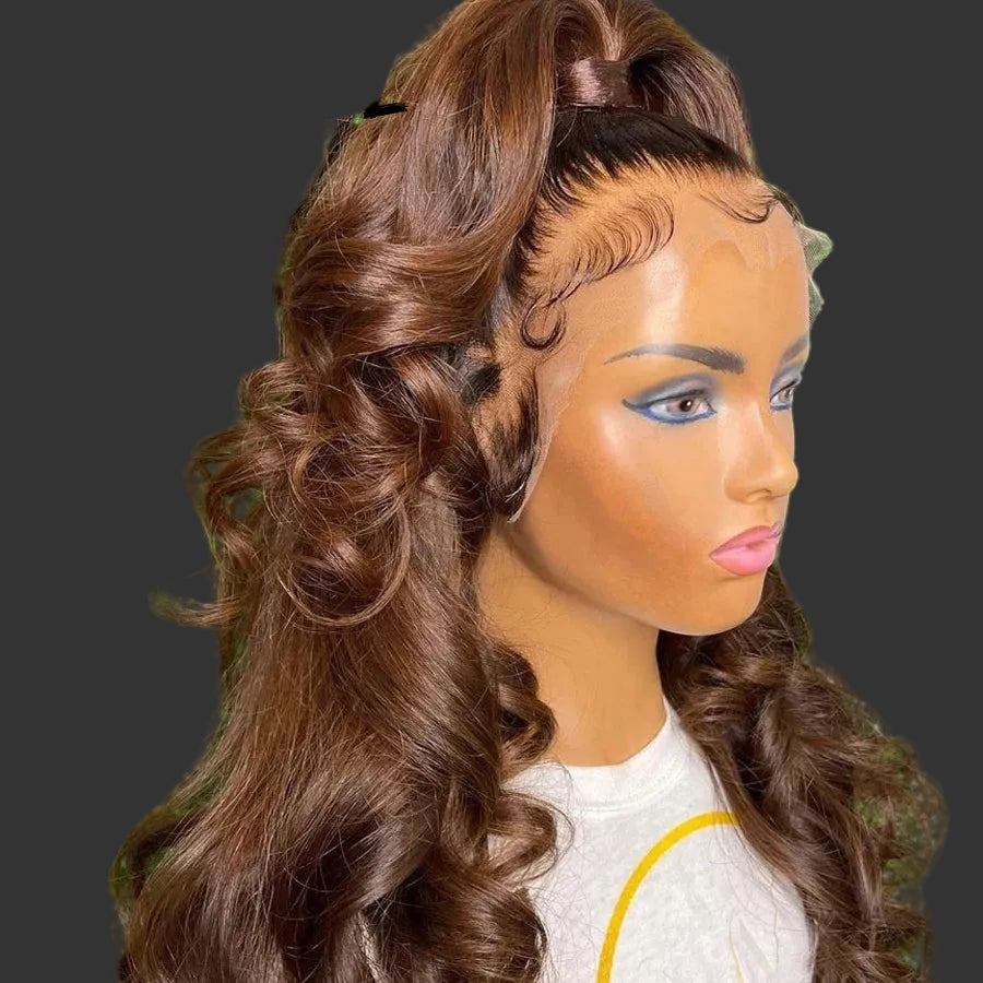 Luxurious 34-Inch Chocolate Brown Body Wave HD Lace Front Wig | Glueless Real HD Swiss Lace Frontal Human Hair Wig | Melt Skins 13x6 Deep Part Brazilian Remy Hair | 1 Piece Only Premium Natural Scalp Unit Luxegan