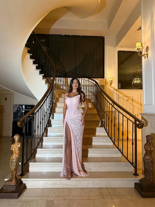 Exquisite Custom Pink Sequin Mermaid Prom Dress | Sexy High Side Split Strapless Evening Gown | Luxurious Sleeveless Knit Silk Vestidos De Noche | Show-Stopping Contrast Color Floor-Length Formal Masterpiece Luxegan