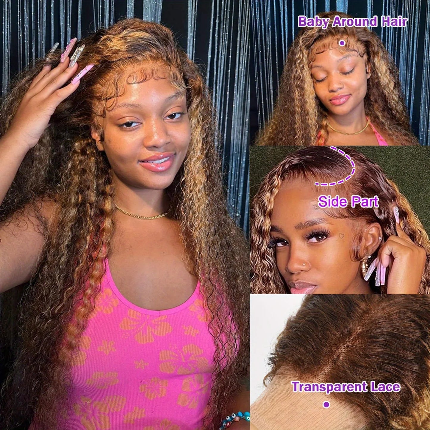 4/27 Highlight Honey Brown Water Wave HD Lace Wig | Sophisticated 13x4 Transparent Frontal | Elegant "Brazilian Remy" 26+ Inch Silhouette | "Dignified" Ombre Deep Curly Human Hair for Radiant Versatile Styling Luxegan
