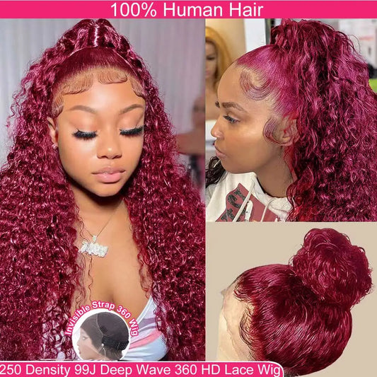 Burgundy Red Deep Wave Frontal Wig | Sophisticated "99J" 360 Full HD Lace Silhouette | Elegant 250% Density Glueless Hairpiece | "Dignified" Pre-Plucked Brazilian Human Hair Wig for Radiant Versatile Styling Luxegan