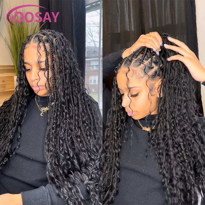 Boho Box Braided Wigs Synthetic Curly Wig Full Lace Front Wigs For Women 32" Goddess Braids Wig African Bohemian Braiding Hair Luxegan