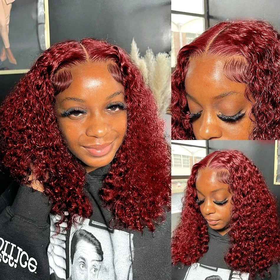 Burgundy 99J Deep Wave Short Bob Wig - 13x4 Transparent Lace Frontal Human Hair Wig - 200% Density Red Colored Water Wave Remy Human Hair Wig for Women (4-16 Inch) Luxegan