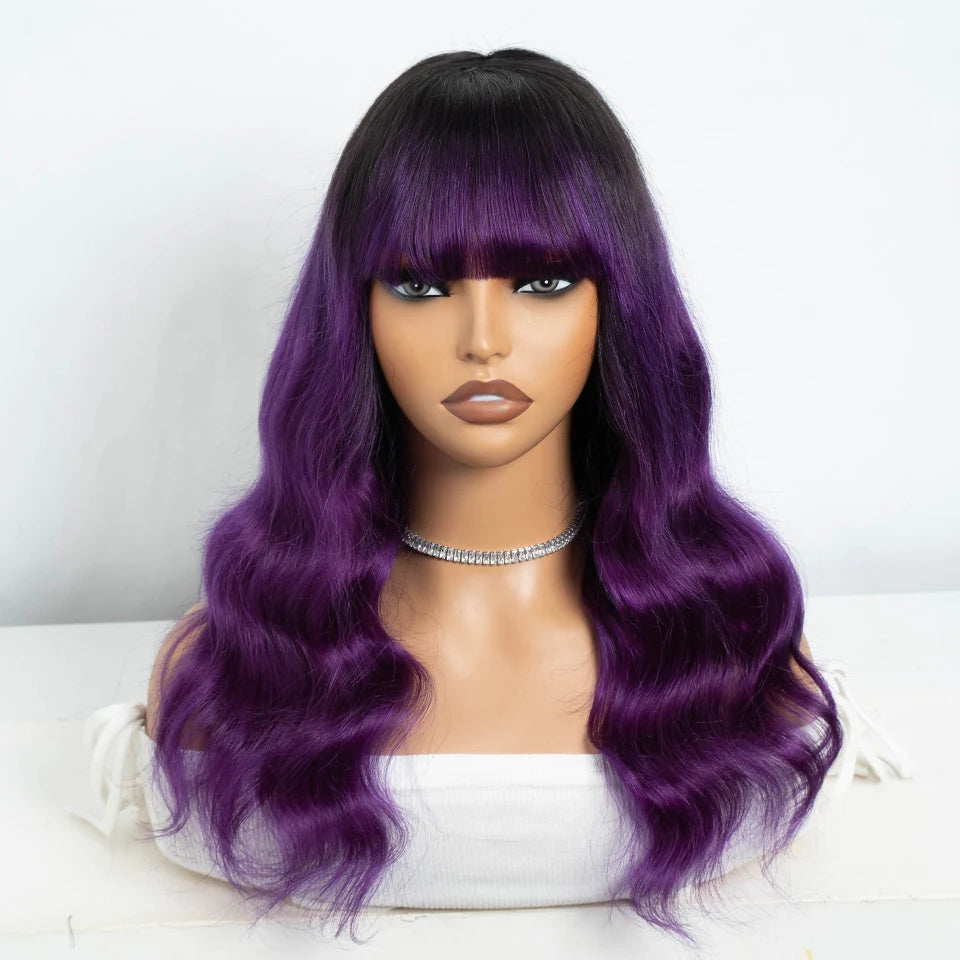 22" Body Wave Wig with Bangs | Full Machine Made Brazilian Virgin Remy Human Hair Luxegan