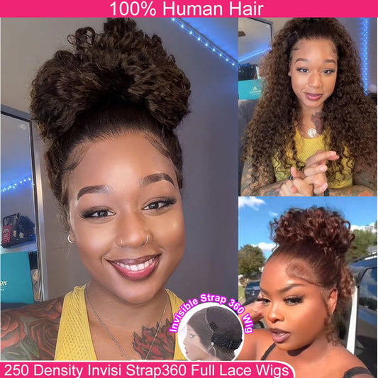 Invisi-Strap 360 Full Lace Wig | Sophisticated "Chocolate Brown" Deep Curly Silhouette | Elegant 250% Density HD Lace Frontal | "Dignified" Honey Blonde Brazilian Human Hair Wig for Radiant Versatile Styling Luxegan