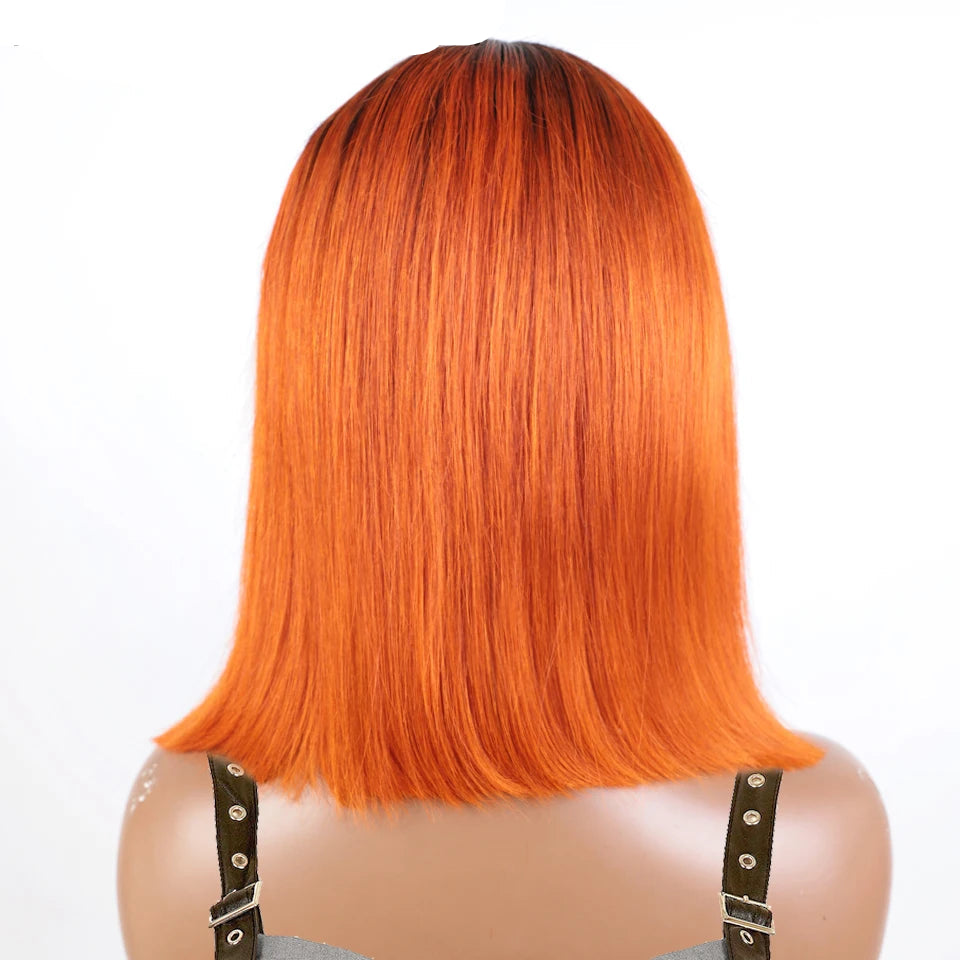 180% Density Dark Root Ginger Ombre Straight Bob Wig | Transparent T-Part Lace Front Human Hair Luxegan