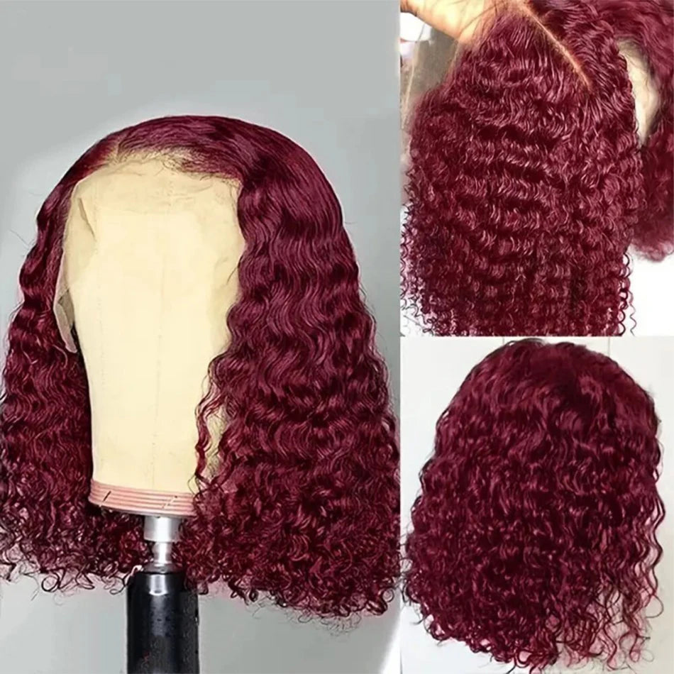 Burgundy 99J Deep Wave Short Bob Wig - 13x4 Transparent Lace Frontal Human Hair Wig - 200% Density Red Colored Water Wave Remy Human Hair Wig for Women (4-16 Inch) Luxegan