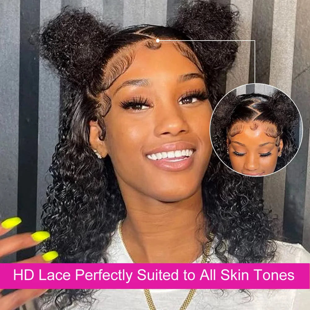 Deep Curly Short Bob Human Hair Wig - 13x4 Transparent Lace Frontal & Deep Wave Part Wig - 100% Brazilian Remy Human Hair Glueless Natural Black Curly Bob Wig for Women Luxegan