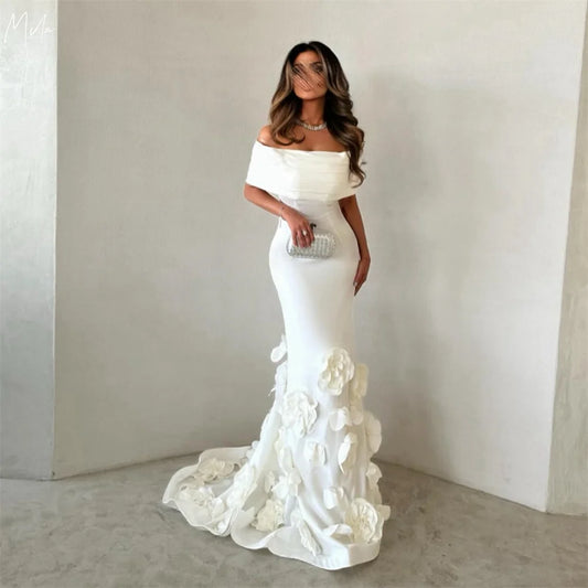Vestidos de Noche de Fiesta Mila con Hombros Descubiertos de Sirena, Sexys y Personalizados para Baile de Graduación con Flores 3D, Cola de Corte, Largos hasta el Suelo 2025