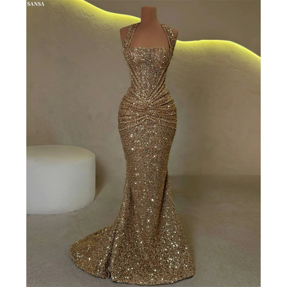 Sansa Customized Champagne Mermaid Halter Neck Shiny Sequins Prom Dress Sleeveless Vestidos De Noche Floor-Length Formal Evening