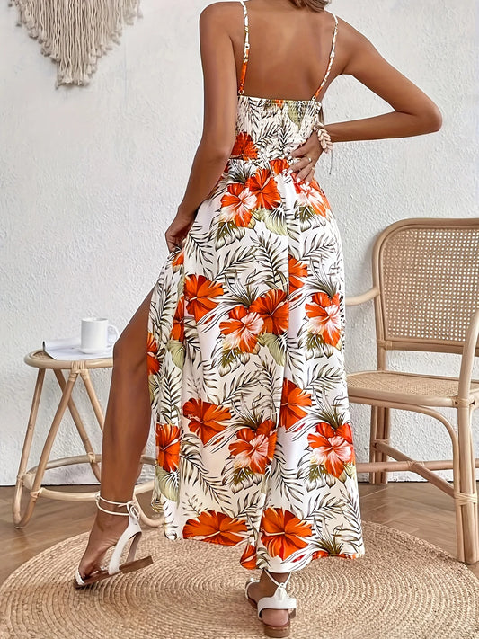 Women's Lace Patchwork Tropical Print Long Cami Dress | Elegant Slim-Fit Beach Vacation Gown | Sexy V-Neck Sleeveless Summer Sundress | Premium Tatting Non-Stretch A-Line Vestido Model DM2311 Luxegan
