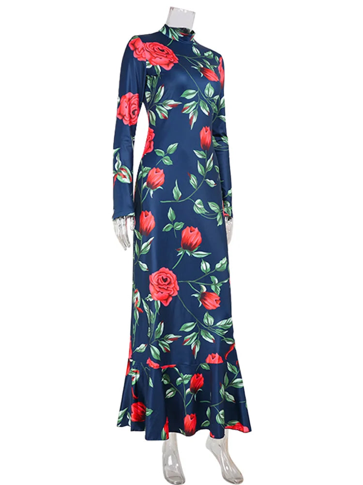 Women's Print Turtleneck Long Sleeve Fishtail Bodycon Maxi Dress Luxegan