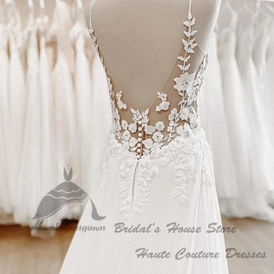 Sexy Chiffon Boho Beach Wedding Dress | Backless V-Neck Bridal Gown | Spaghetti Strap Floor-Length A-Line Dress with Lace Appliques Luxegan