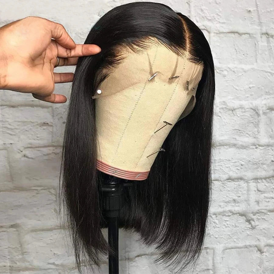 Bone Straight Short Bob Human Hair Wig | 150% Density Full Machine-Made Swiss Lace Wig | 100% Brazilian Remy Human Hair Glueless Straight Bob Wig for Women (8-16 Inches) Luxegan