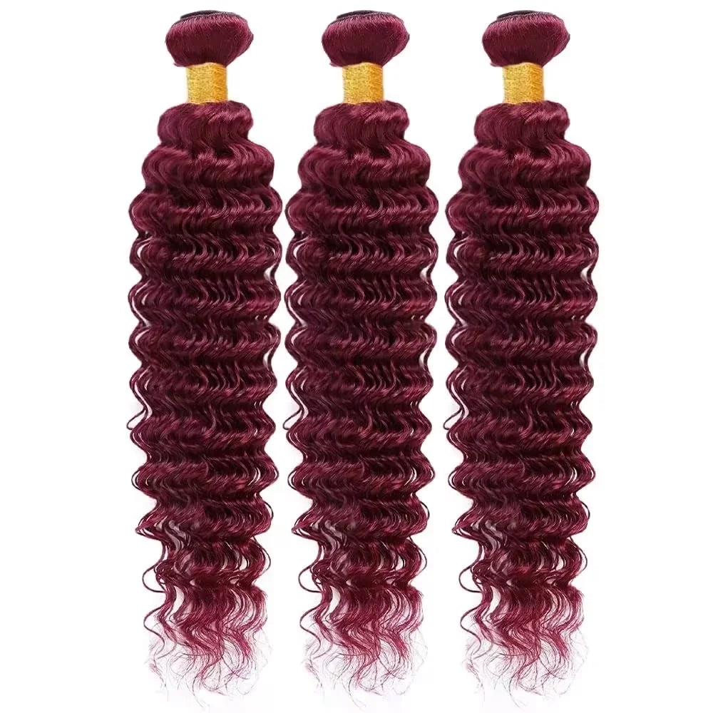 #99J Deep Wave Brazilian Virgin Human Hair Bundles | Burgundy Remy Hair Weave | 16–30 Inch