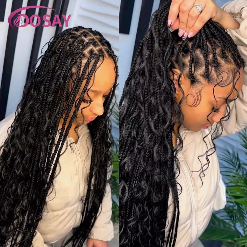 Boho Box Braided Wigs Synthetic Curly Wig Full Lace Front Wigs For Women 32" Goddess Braids Wig African Bohemian Braiding Hair Luxegan