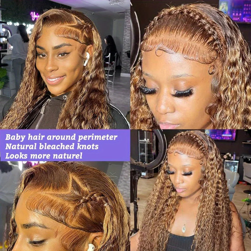 4/27 Highlight Honey Brown Water Wave HD Lace Wig | Sophisticated 13x4 Transparent Frontal | Elegant "Brazilian Remy" 26+ Inch Silhouette | "Dignified" Ombre Deep Curly Human Hair for Radiant Versatile Styling Luxegan