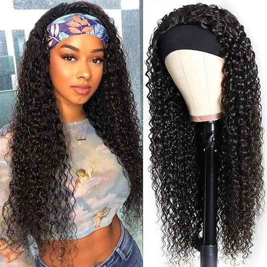 Kinky Water Wave Headband Wig | Sophisticated 32-Inch Brazilian Human Hair Silhouette | Elegant "Full Machine Made" Glueless Wig | "Dignified" 180% Density Natural Black Hairpiece for Radiant Versatile Styling Luxegan
