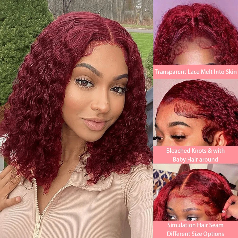 Burgundy 99J Deep Wave Short Bob Wig - 13x4 Transparent Lace Frontal Human Hair Wig - 200% Density Red Colored Water Wave Remy Human Hair Wig for Women (4-16 Inch) Luxegan
