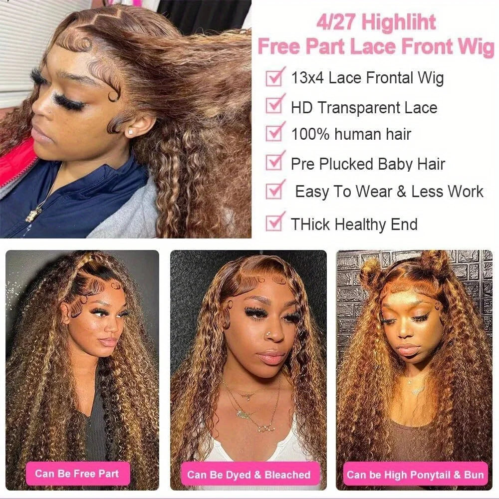 4/27 Highlight Honey Brown Water Wave HD Lace Wig | Sophisticated 13x4 Transparent Frontal | Elegant "Brazilian Remy" 26+ Inch Silhouette | "Dignified" Ombre Deep Curly Human Hair for Radiant Versatile Styling Luxegan