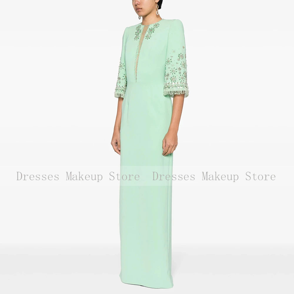 Beaded O-Neck Half Sleeve Straight Floor-Length Formal Evening Dress – Polyester Jersey, Built-In Bra, Natural Waist Luxegan