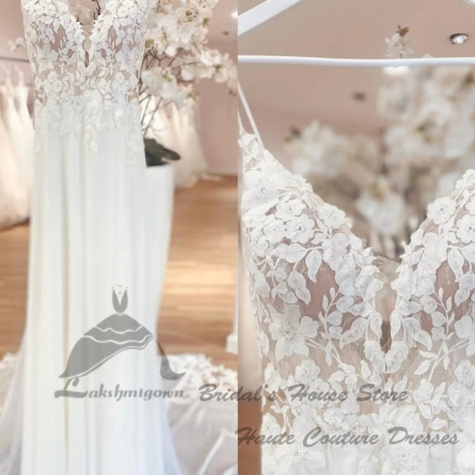 Sexy Chiffon Boho Beach Wedding Dress | Backless V-Neck Bridal Gown | Spaghetti Strap Floor-Length A-Line Dress with Lace Appliques Luxegan