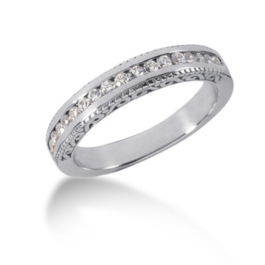 Anillo de boda de oro blanco de 14k estilo vintage con diamantes engastados en canal y grabado