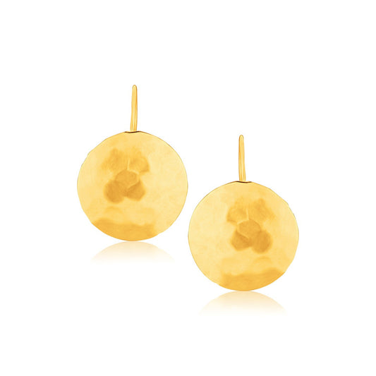 14k Yellow Gold Hammered Texture Disc Drop Earrings Medium - view 2