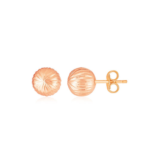 14K Rose Gold Ball Earrings with Linear Texture - view 2