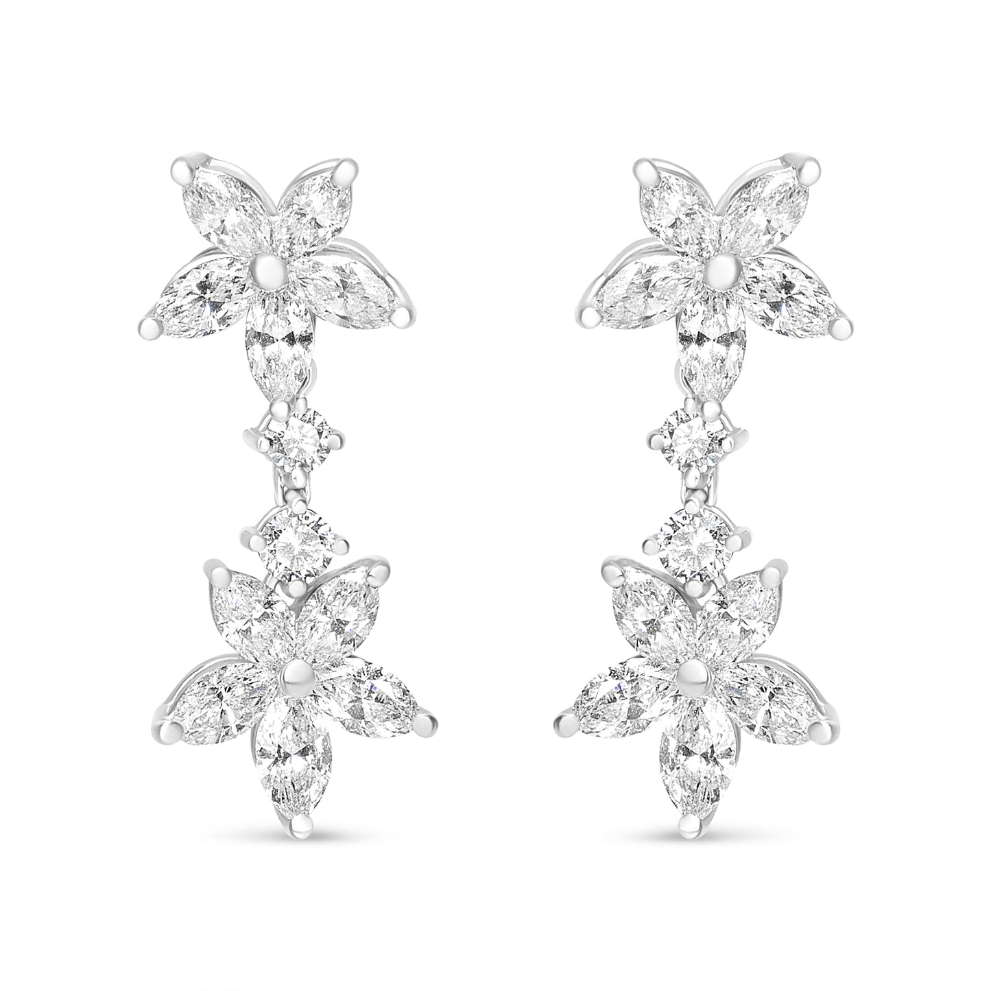 Pendientes colgantes florales de marquesa con diamantes de oro blanco de 18k y 6.0 Cttw (color E-F, claridad VS1-VS2)
