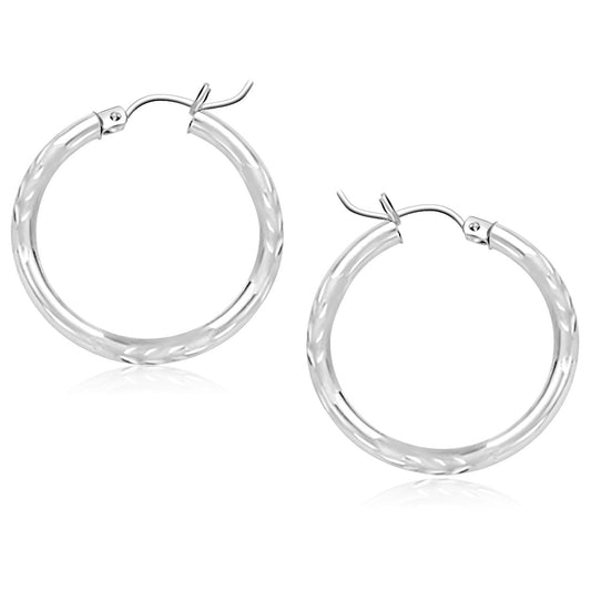 14k White Gold Diamond Cut Hoop Earrings (25 mm) - view 2