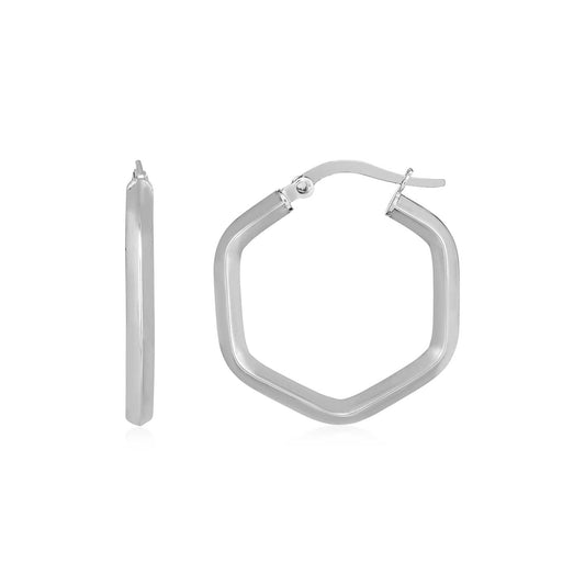 14k White Gold Shiny Hexagon Hoop Earrings - view 2