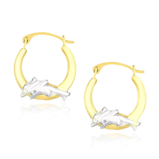 10k Two-Tone Gold Round Graduated Dolphin Design Hoop Earrings - view 2