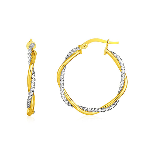 14k Yellow and White Gold Two Part Textured Twisted Round Hoop Earrings - view 2