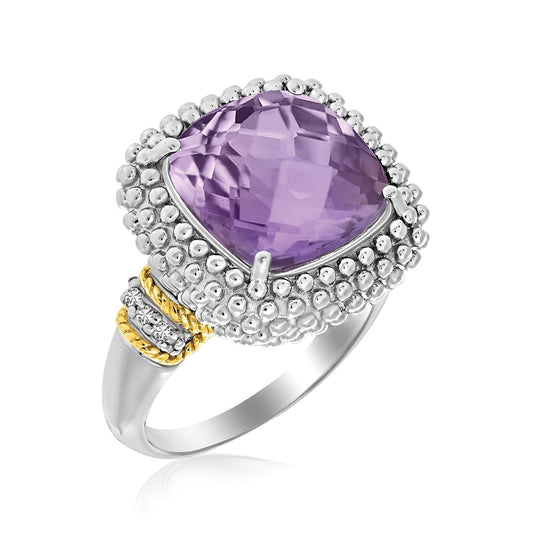 Anillo Palomitas de Maíz de Oro Amarillo de 18k y Plata de Ley con Detalles de Amatista y Diamantes