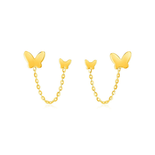 Pendientes de poste de oro amarillo de 14k con dos orificios y mariposas