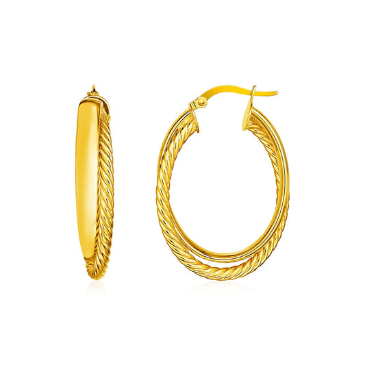Pendientes de aro ovalados retorcidos con textura de dos partes en oro amarillo de 14 quilates