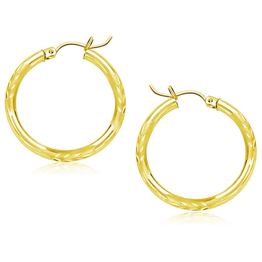 10k Yellow Gold Diamond Cut Hoop Earrings (25mm) - view 2